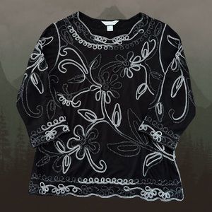 Black Whimsigoth Boho Indie White Floral Embroidered Christopher & Banks Shirt